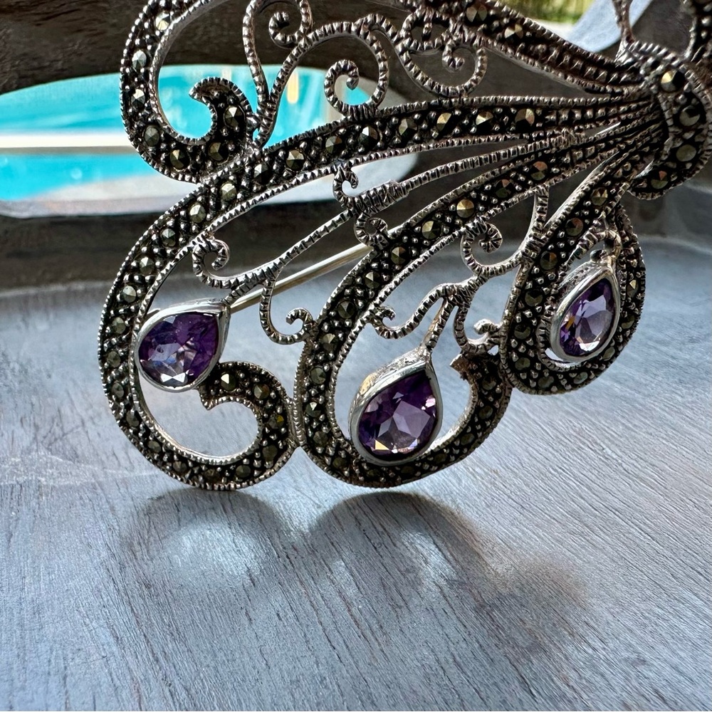 Vintage Sterling Silver & Amethyst Brooch - Picture 10 of 12